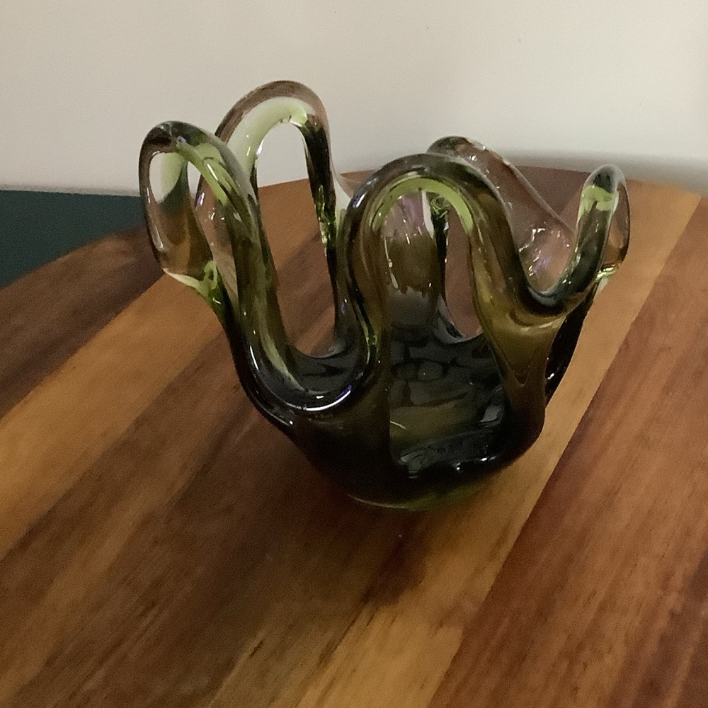 Vintage Murano Style Art Glass Bowl Votive | Olive Green Smoky Glass - Picture 3 of 9